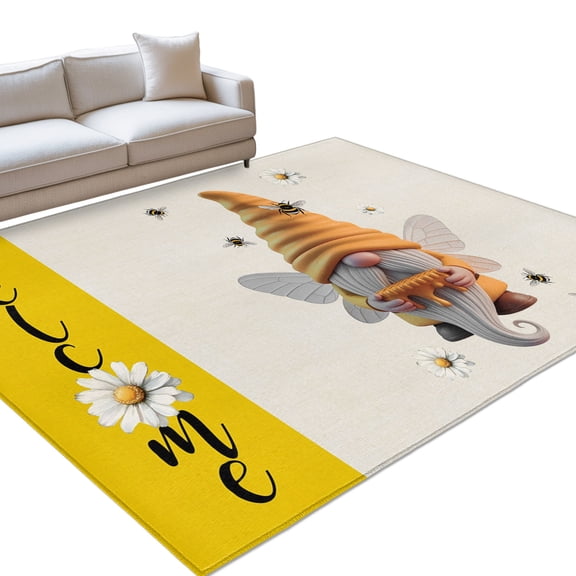 Honey Welcome 6x9ft Non Slip Area Rug Yellow Bee Gnome Wings Daisy Farmhouse Linen Washable Soft Area Rugs for Living Room, Indoor Circle Carpet for Bedroom Dining Room Kitchen