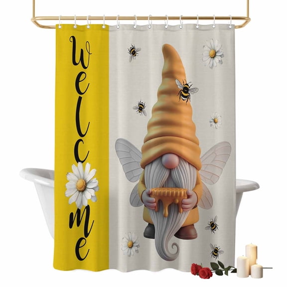 Honey Welcome Bathroom Shower Curtain, Yellow Bee Gnome Wings Daisy Farmhouse Linen Waterproof Washable Soft Bath Curtain for Bathtub Decor with 12 Hooks&Grommet, 36x72 Inch