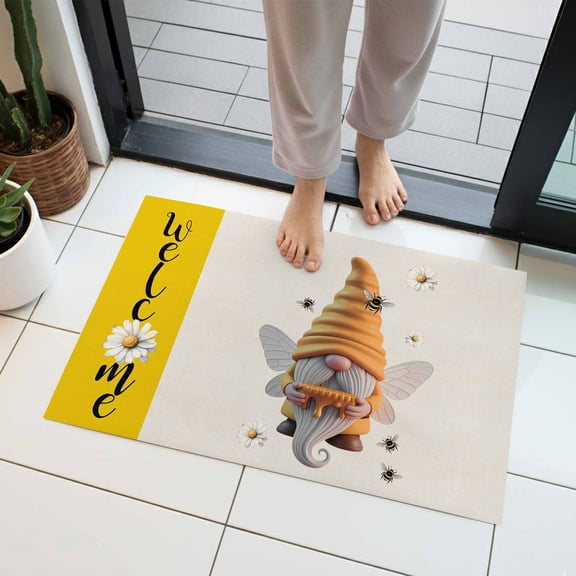Honey Welcome Indoor Door Mat 16x24 Inch Yellow Bee Gnome Wings Daisy Farmhouse Linen Front Door Mat Non Slip Washable Entryway Rug Low Profile Dirt Trapper Doormat for Bathroom Kitchen Bedroom