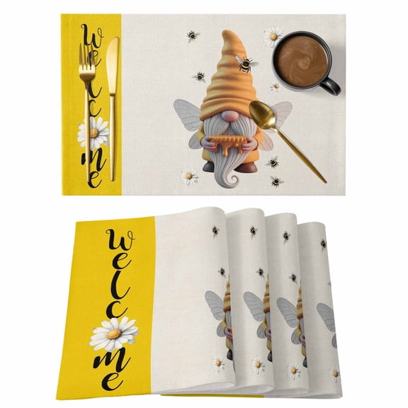 Honey Welcome Placemats Set&nbsp;of 1 Yellow Bee Gnome Wings Daisy Farmhouse Linen Heat Insulation Washable Place Mats, Rustic Non-Slip Table Mats for Dining Table Party Kitchen Decor,13x19 Inch