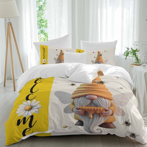 Honey Welcome Queen Size Comforter Set, Yellow Bee Gnome Wings Daisy Farmhouse Linen Bedding for All Seasons, 4 Pcs Bed Set, 1Quiltcover (90"x92") ,1Sheet(94"x116"), 2Pillowcases (30"x20")