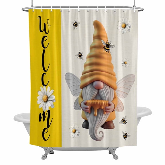 Honey Welcome Shower Curtain for Bathroom, Yellow Bee Gnome Wings Daisy Farmhouse Linen Waterproof Cloth Fabric Bathroom Accessories Set with 12 Rust Proof Plastic Hooks, 72"x72"