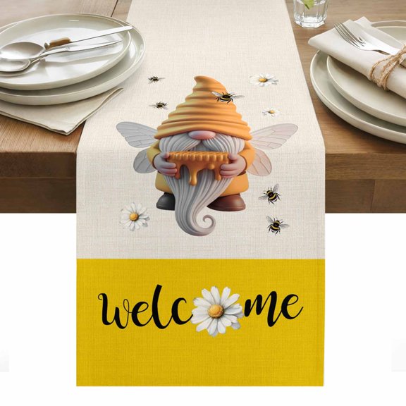 Honey Welcome Table Runner Yellow Bee Gnome Wings Daisy Farmhouse Linen Table Runners Dresser Scarves Holiday Kitchen Dining Table Decoration for Home Party Indoor 13x36 Inch