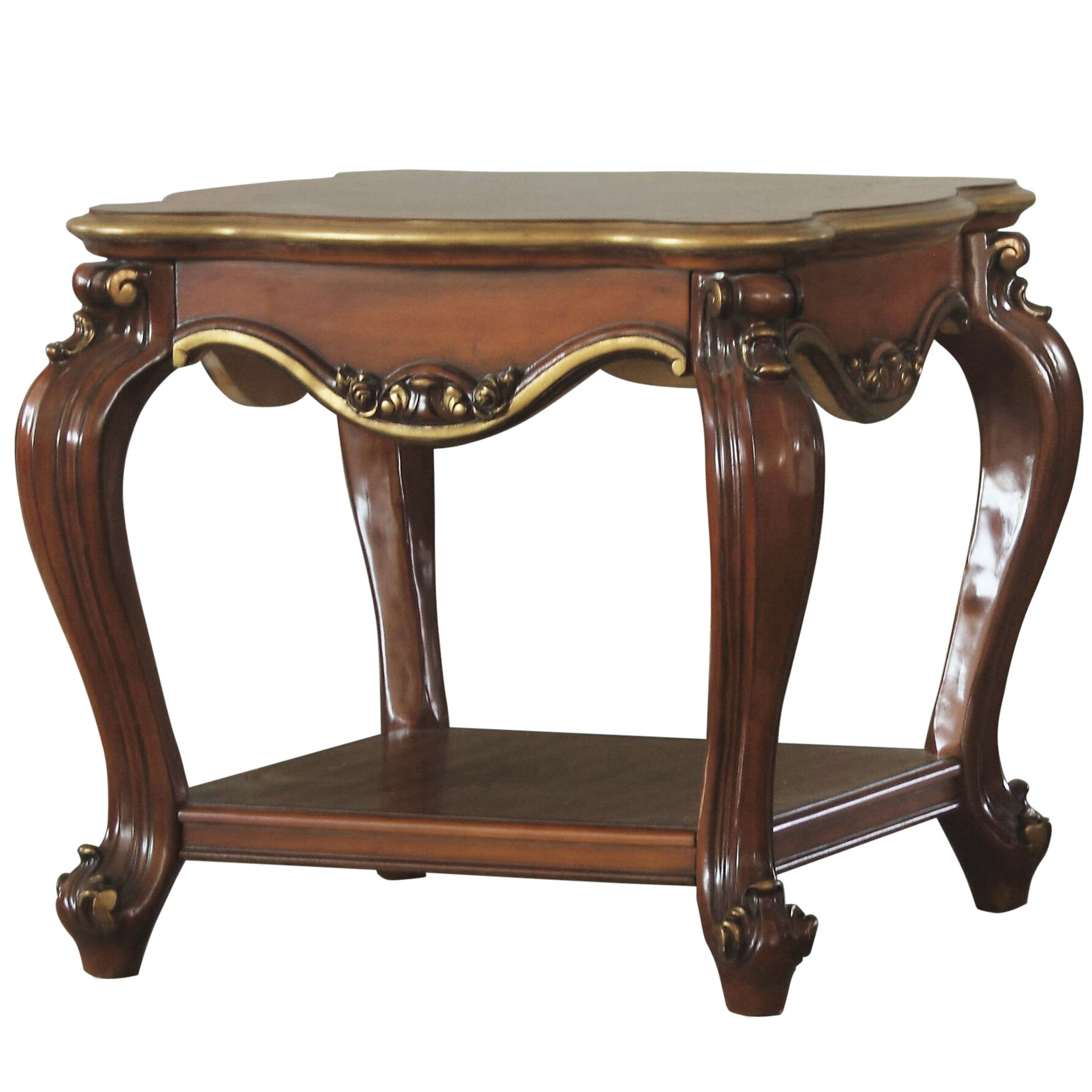 Honey oak wood end table with bottom shelf for primary living space ...