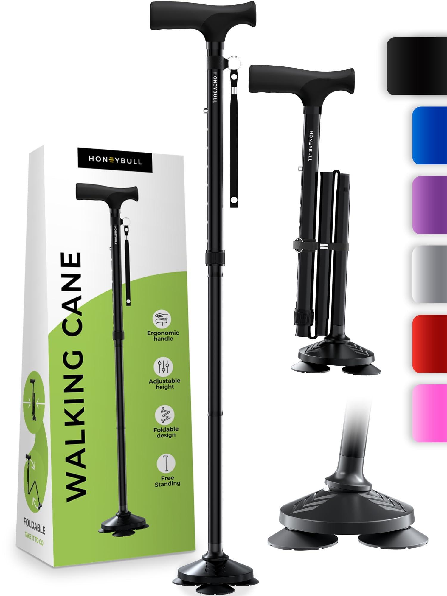 HoneyBull Walking Cane for Adults & Seniors - Foldable, Adjustable ...