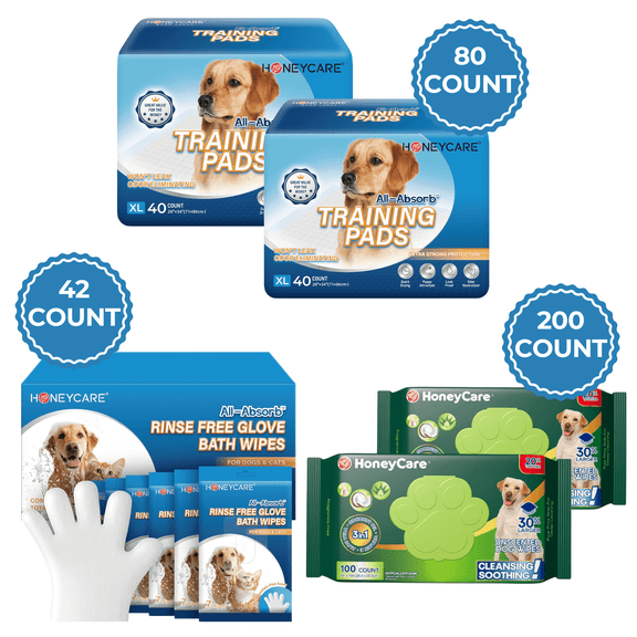 HoneyCare Pet Travel Pack Bundle - X-L Training Pads, 80 CT - Rinse Free Glove Wipes, 42 CT - Unscented Pet Wipes, 200 CT