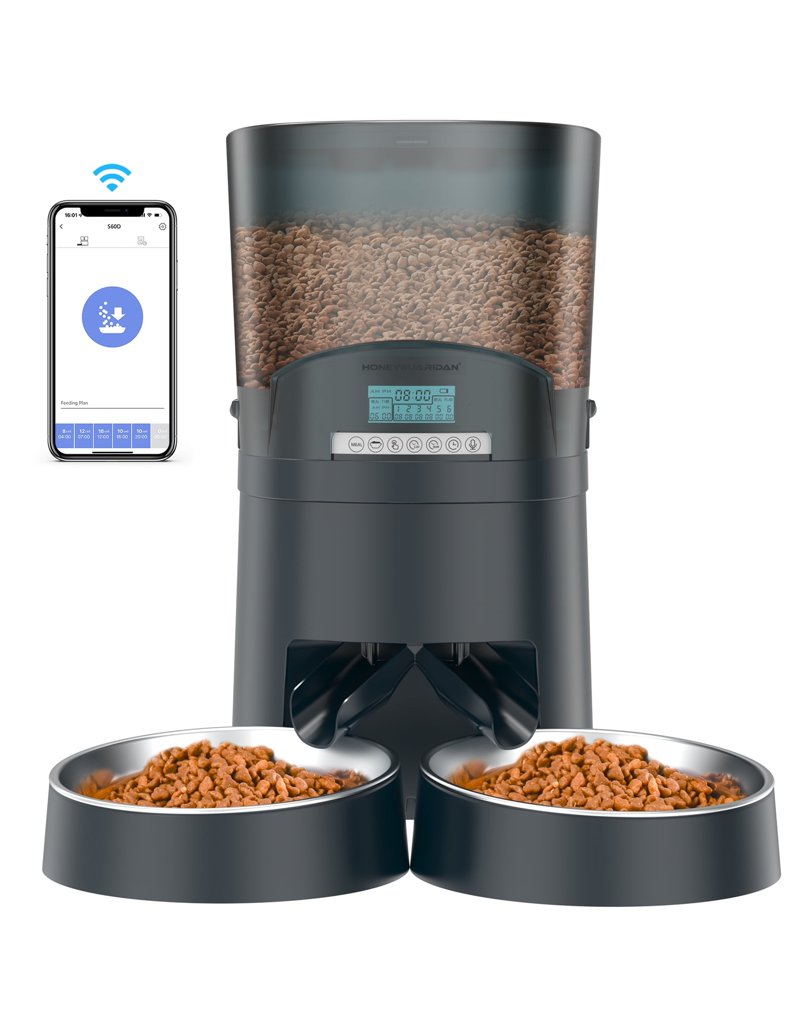 HoneyGuaridan Automatic Cat Feeders 2 Cats, 2.4G WiFi Smart Pet Feeder with APP Control for Cats and Dogs Dry Food Dispenser with 2 Stainless Steel Bowl, Desiccant Bag, 10s Voice Recorder (6.5L, Blue)
