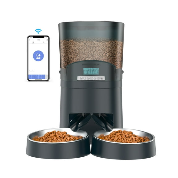 HoneyGuaridan Automatic Cat Feeders 2 Cats, 2.4G WiFi Smart Pet Feeder with APP Control for Cats and Dogs Dry Food Dispenser with 2 Stainless Steel Bowl, Desiccant Bag, 10s Voice Recorder (6.5L, Blue)
