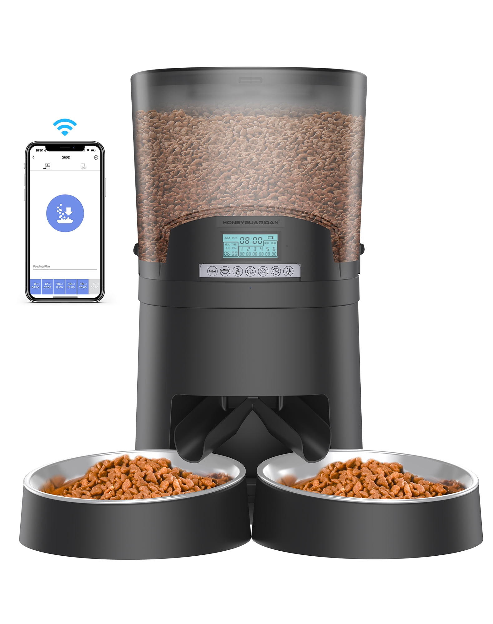 HoneyGuaridan Automatic Cat Feeders 2 Cats 6.5L 2.4GWi Fi Smart Pet Feeder with APP Control for Cats and Dogs Dry Food Dispenser with 2 Stainless Steel Bowl 1 6 Meals Per Day 10s Voice Recorder Black