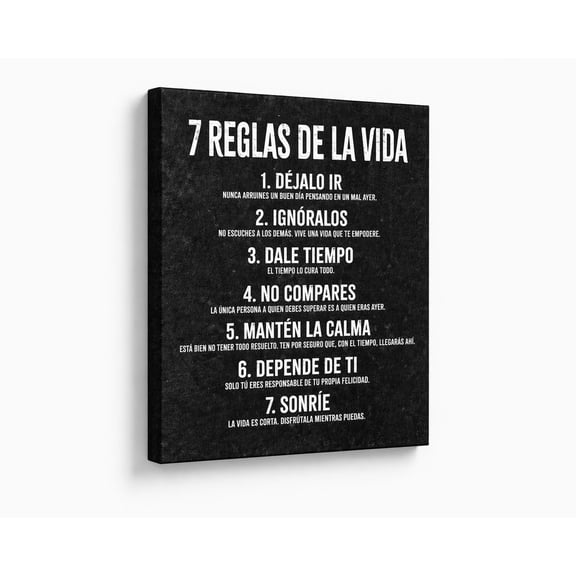 HoneyKICK 7 Reglas de la Vida Spanish Canvas Wall Art, Black, 12.5x15