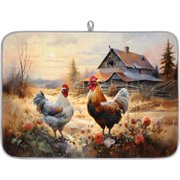 Honeybaby Dish Drying Mat Rooster Hen Chickens Dish Drying Mats for Kitchen Counter Absorbent Kitchen Drying Mat Dish Rack Mat 18x24 inches