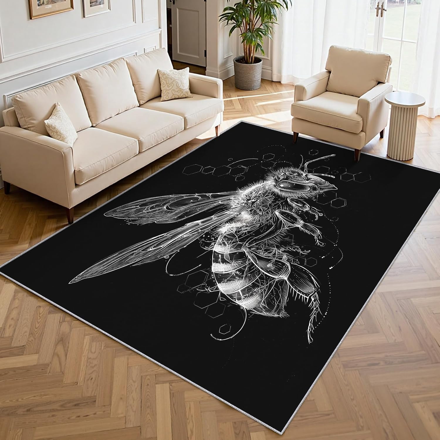 Insect Area Rug Honeybee Area Rugs, Black White Insect Carpet, Washable Non Slip Low ...