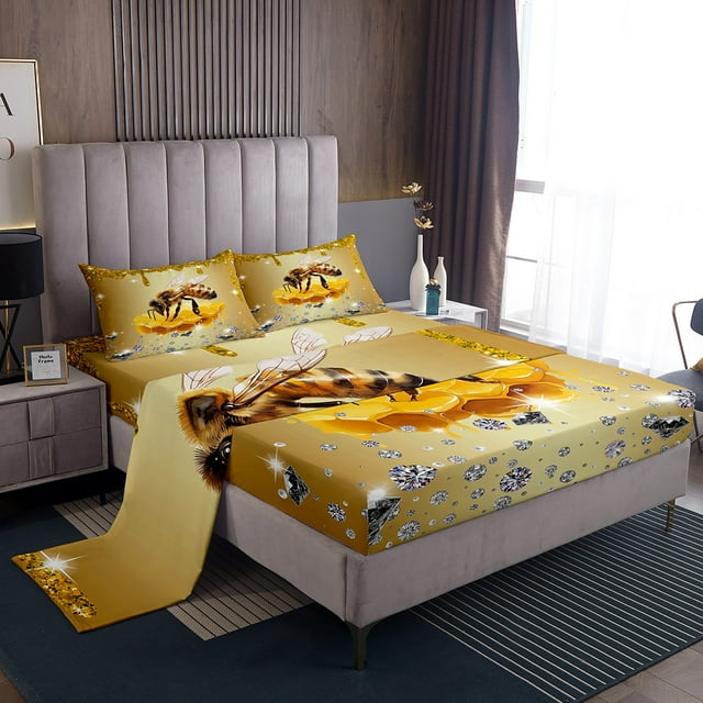 Honeybee Bed Sheets Set Yellow Sequin Fluid Art Sheets,Crystal Diamond Sheet Set Twin,Bee Beetles Fitted Sheet Cute Animals Bugs Room Decor