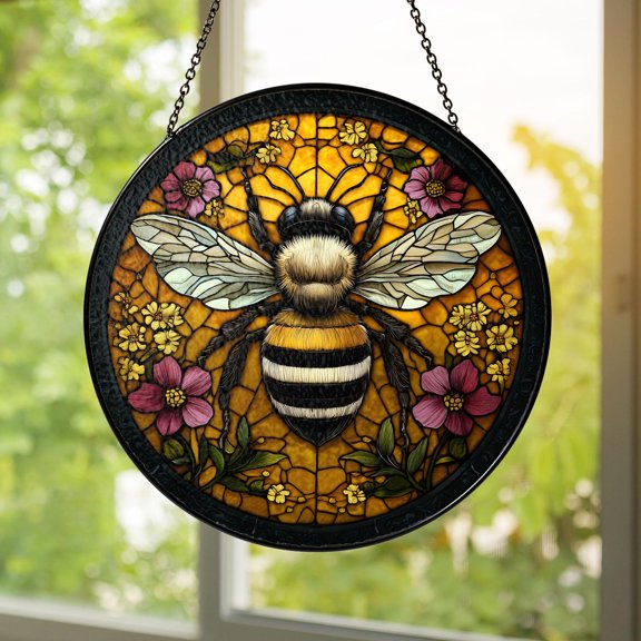 Honeybee Bumblebee Stained Glass Suncatcher Window Hanging Pollinator Garden Cottagecore Yellow Floral Home Decor