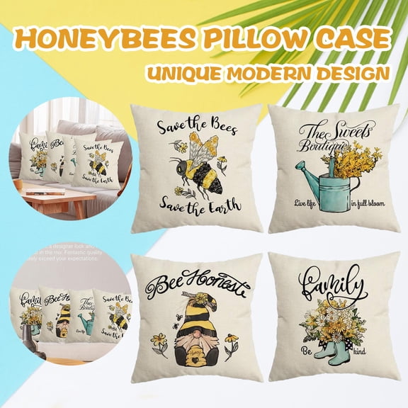 Honeybee Decorative Cushion Cover Set | Vintage Linen Throw Pillow Cases | Bumble Bee Pattern | 18x18 Inch | Natural White Oatmeal | Invisible Zipper | 4-Pack for Sofa Couch Bedroom Living Room Patio