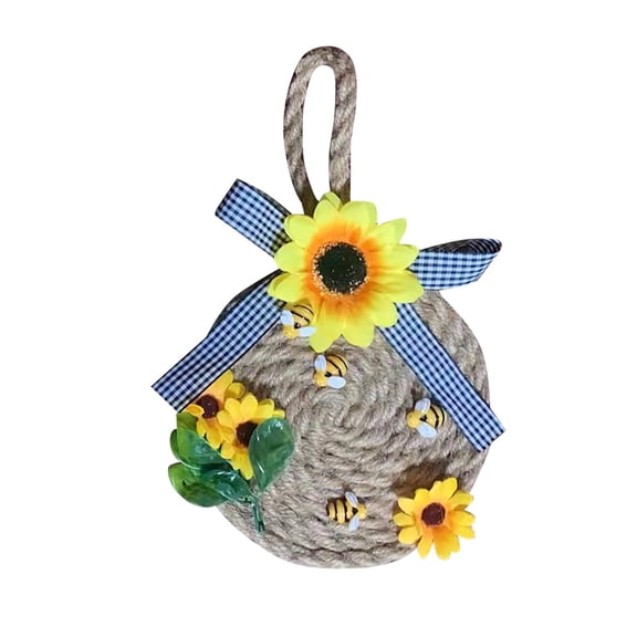 Honeybee Festival Simulation Flower Wreath, Hemp Rope Door Hanging Flower Wreath, Ngxiha Artificial Bee Wreath with Jute Rope for Door Hanging, Farmhouse Spring Floral Decor