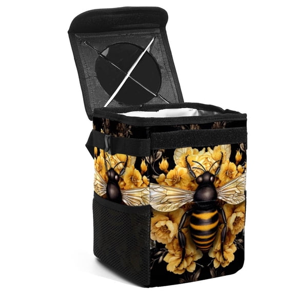 Honeybee Foldable Car Garbage Can with Lid, Leak-Proof Mini Trash Can, Hanging Storage Bag - Car Trash Bin for Travel and Commuting