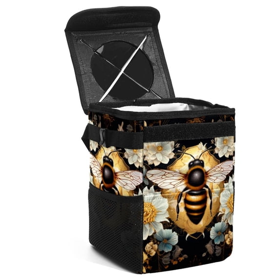 Honeybee Foldable Car Trash Can with Lid, Leak-proof and Hanging Storage Bag - Car Trash Bin for Convenient Use