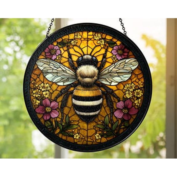 Honeybee Glass Suncatcher – Bumblebee Window Hanging, Yellow Floral Glass Panel, Pollinator Garden Cottagecore Home Décor, 3.5 in