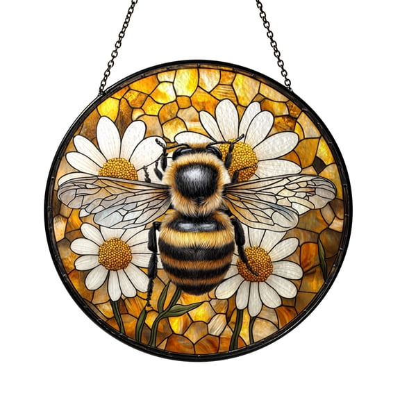 Honeybee Honeycomb Decorative Stained Glass Suncatcher Window Hanging, Garden Bee Glass Panel Ornament, Spring Floral Window Decor, Nature Inspired Home Accent Gift For Bee Lovers