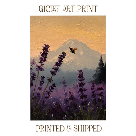 Honeybee Lavender Field Poster, Mount Rainier National Park Art, 16x24 UNFRAMED