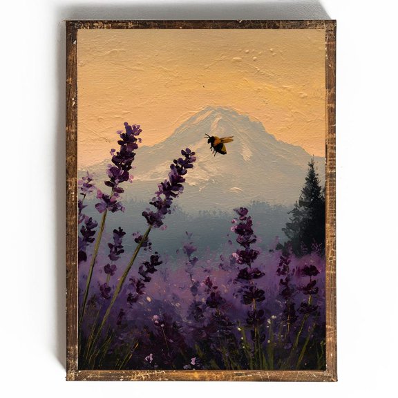 Honeybee Lavender Field Poster, Mount Rainier National Park Art, 16x24 UNFRAMED