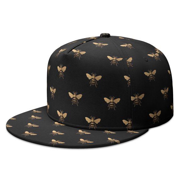 Honeybee Lover Flat Bill Cap - Yellow & Black Bee Print Unisex Snapback Hat - Urban Style Full Panel Design - Perfect Gift for Bee Enthusiasts
