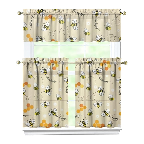 Honeybee Lover's 3-Piece Kitchen Curtains - Yellow Cartoon Bee & Hive Pattern, Rod Pocket Window Treatment Panels for Small Windows