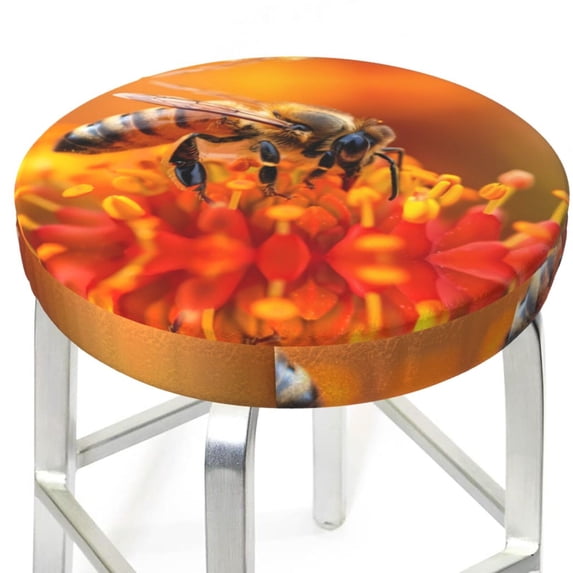 Honeybee On Vibrant Flower Round Bar Stool Seat Covers, Elastic Round Chair Cover Stool Seat Slipcover Bar Stool Cushions Round Pad for 12-14 inch