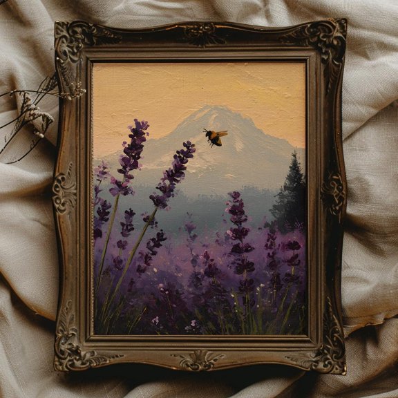 Honeybee Poster Lavender Field Poster Mount Rainier Art Mount Rainier National Park Poster Beekeeper Art Lavender Wall Decor Wa, 12x18 UNFRAMED