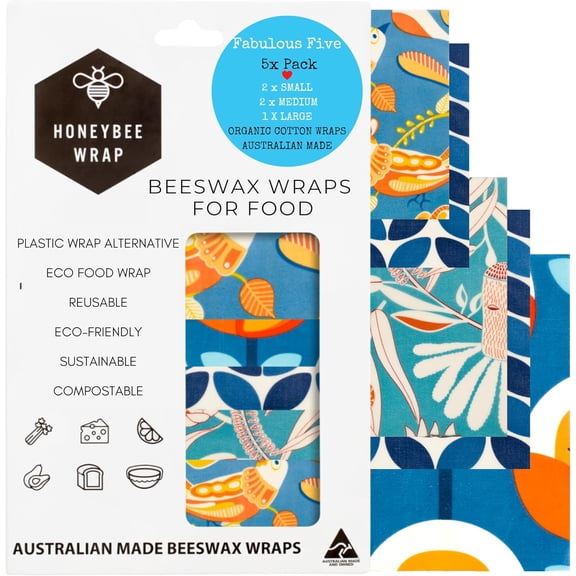 Honeybee Reusable Beeswax Wraps for Food | 5 Pack | in Australia | Eco Friendly, Organic, Biodegradable, for Bowl Covers and Food Storage | Reusable Cling Wrap