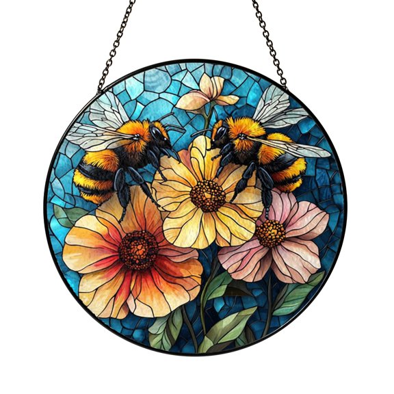 Honeybee Wildflower Stained Glass Suncatcher, Garden Window Hanging Decor, Botanical Nature Art Panel for Living Room Kitchen Patio Sunroom Farmhouse Gift