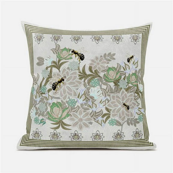 Honeybee on Flower Indoor/Outdoor Pillow with Removable Cover in Beige Yellow Green Brown26x26