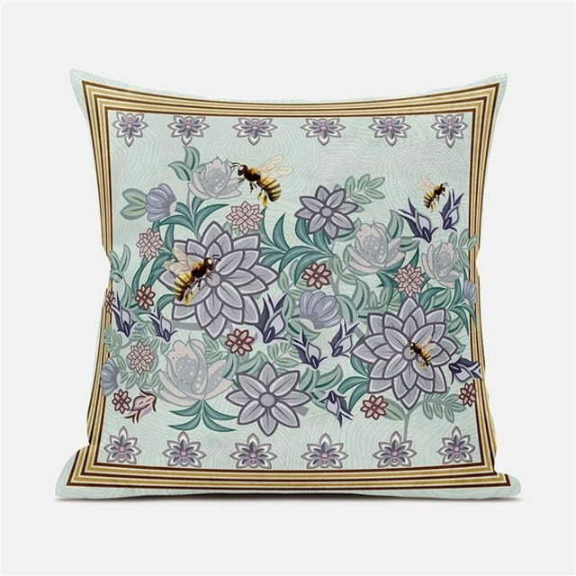 Honeybee on Flower Throw Pillow with Removable Cover in Light Green Purple Brown 20x20
