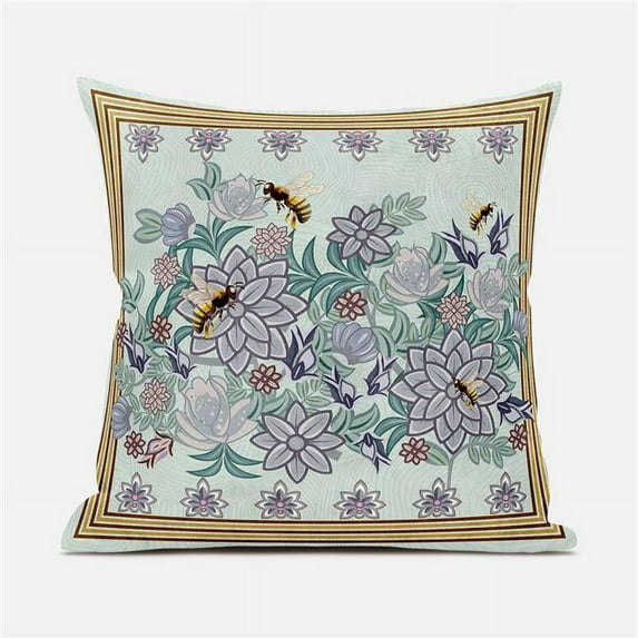Honeybee on Flower Throw Pillow with Removable Cover in Light Green Purple Brown 20x20