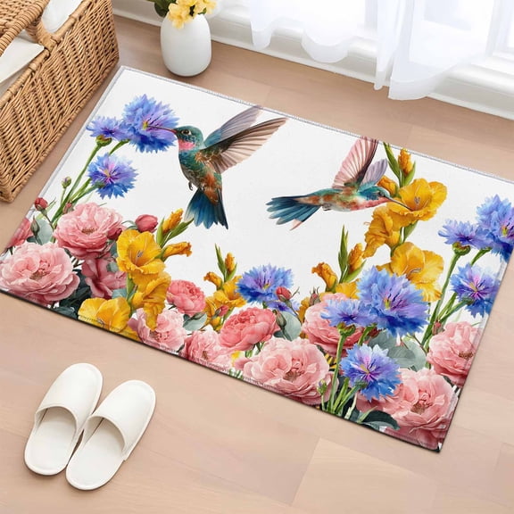 Honeybirds Peony 2'x3' Rug for Entryway Front Door Kitchen Sink Area, Watercolor Pink Yellow Flower Bird Green Leaf Low Pile Non Slip Rectangle Area Rug, Machine Washable Indoor Outdoor Mat