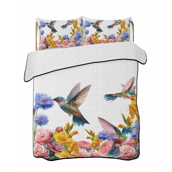 Honeybirds Peony Quilts Bedding Set Twin Size Watercolor Pink Yellow Flower Bird Green Leaf Lightweight Quilted Bedspread 3 Piece Bed Quilt with 2 Pillow Shams All Season for Bedroom 68" x 86"