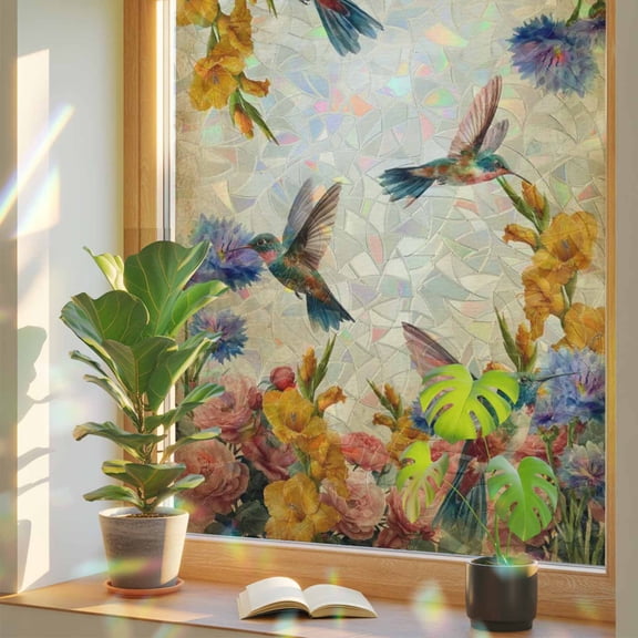 Honeybirds Peony Window Privacy Film, Country Watercolor Pink Yellow Flower Bird Leaf Stained Glass Rainbow Film Decorative Window Clings, Static Cling Sun Blocking Stickers 17.7" x 78.7"