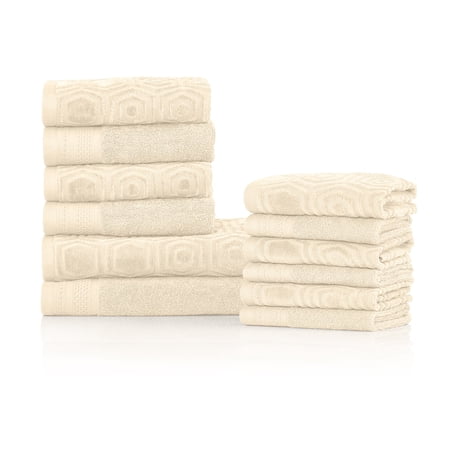 Honeycomb 100% Combed Cotton Jacquard and Solid Combo 12-Pieces Towel Set, 2 Bath, 4 Hand, 6 Face Ivory