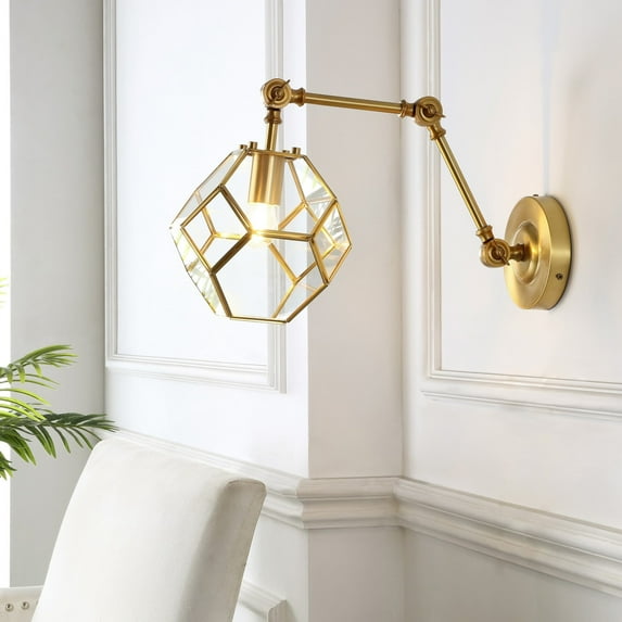 JONATHAN Y Honeycomb 7.5" 1-Light Modern Contemporary Arm-Adjustable Iron/Glass LED Sconce, Brass Gold/Clear