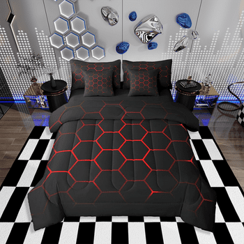 Honeycomb 7 Piece Bedding Set Men Modern Geometry Hexagon Theme Bed in a Bag Colorful Grid Art Neon Decor Comforter Set with Sheets Red Black Bed Set Full Size