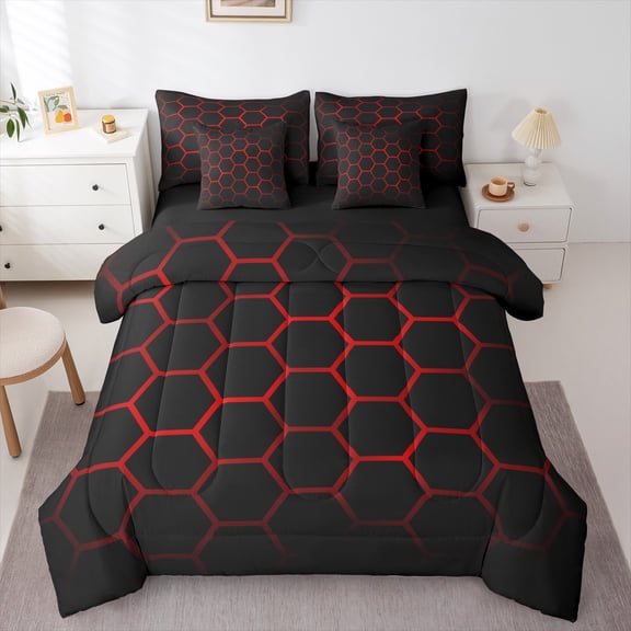 Honeycomb 7 Piece Bedding Set Men Modern Geometry Hexagon Theme Bed in a Bag Colorful Grid Art Neon Decor Comforter Set with Sheets Red Black Bed Set Queen Size