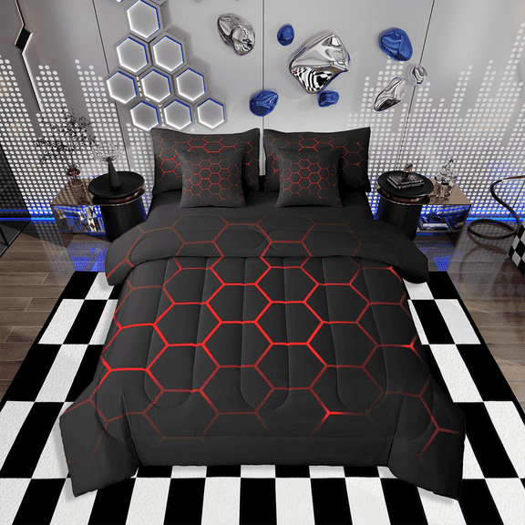 Honeycomb 7 Piece Bedding Set Men Modern Geometry Hexagon Theme Bed in a Bag Colorful Grid Art Neon Decor Comforter Set with Sheets Red Black Bed Set Queen Size