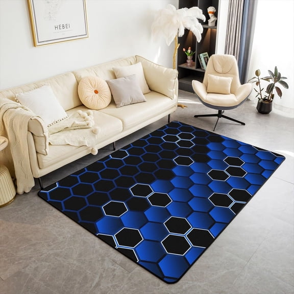 Honeycomb Abstract Area Rug,Neon Blue And Black Gradient Beehive Rugs For Living Room Bedroom,Geometric Hexagon Minimalist Decorative Rug For Living Room Bedside 1x2ft