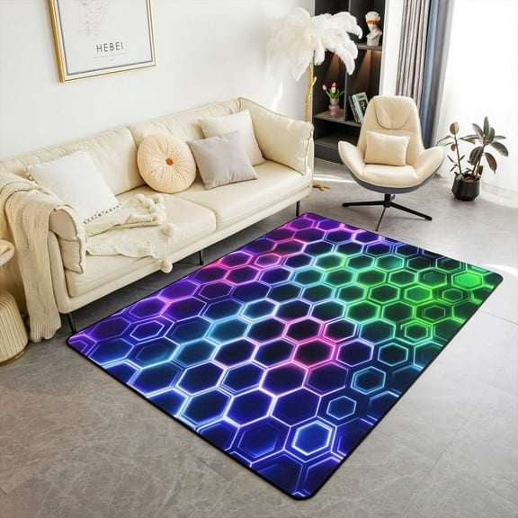 Honeycomb Area Rug Abstract Reticulated Plaids Neon Purple Green Non Slip Carpet,Geometric Beehive Hexagon Decorative Rug For Bedroom Playroom Backyard 1x2ft
