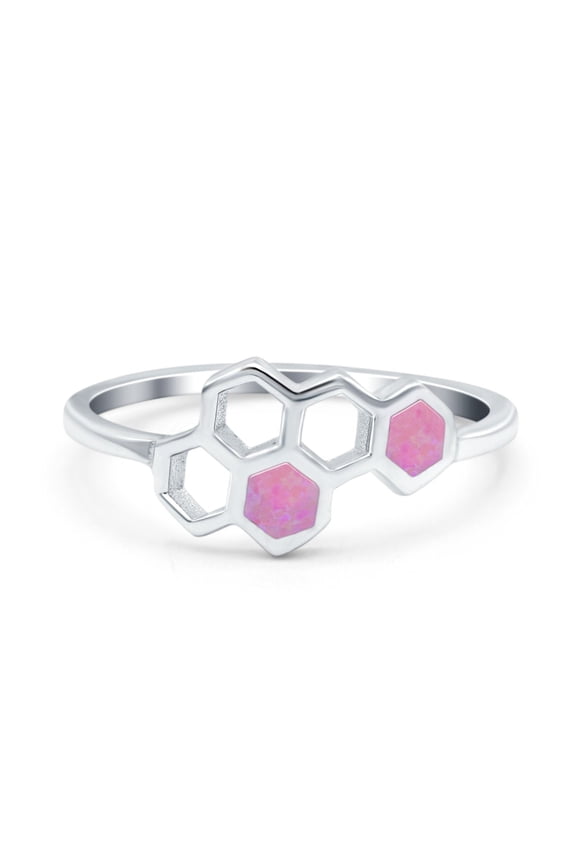 Honeycomb Band Ring Lab Created Pink Opal Solid 925 Sterling Silver Size 4
