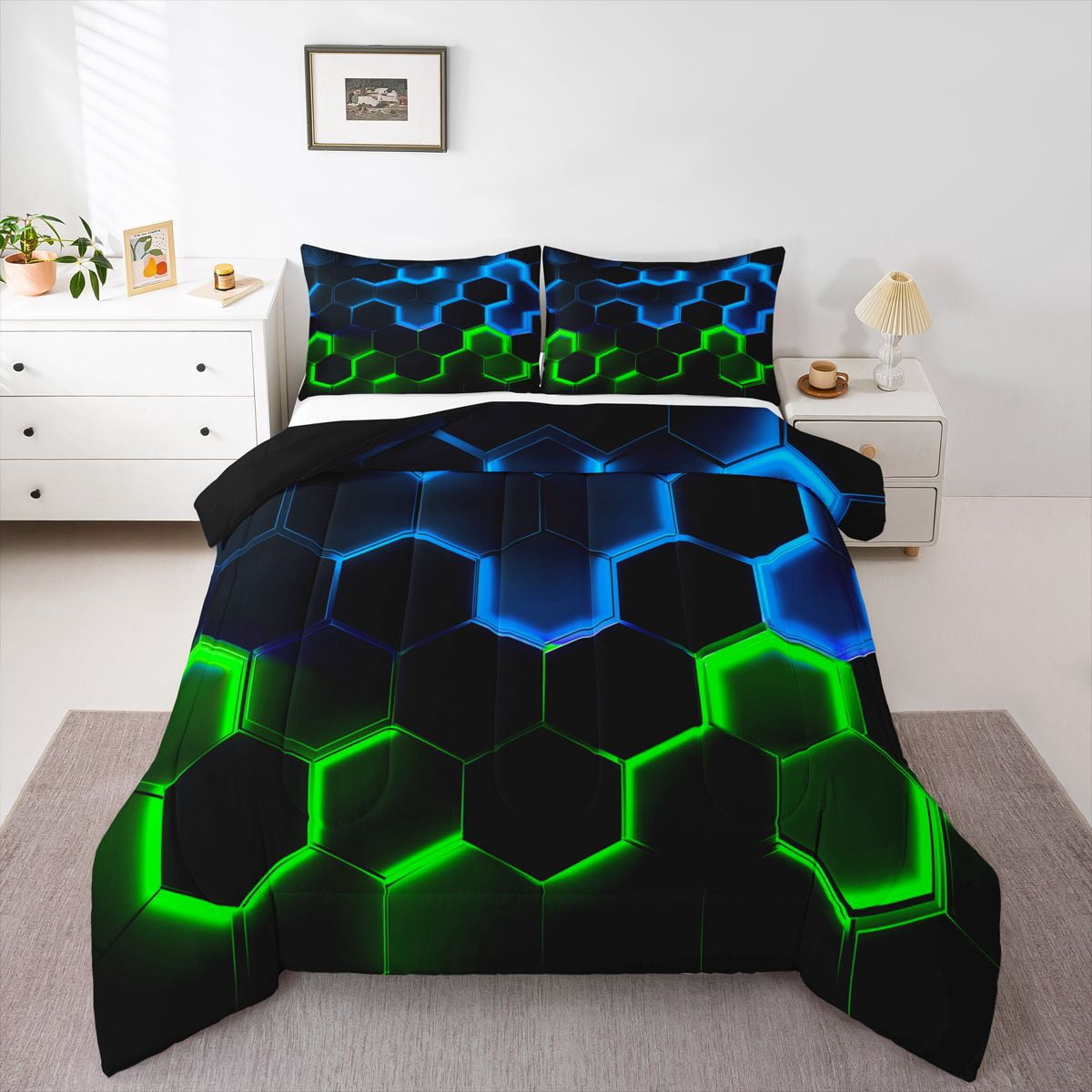 Honeycomb Bedding Comforter Set Twin Size,Geometry Hexagon Theme with Green Blue Neon Lights Quilt Set,Boys Teen Man Chic Creative Home Bedding Set Duvet Insert,Black