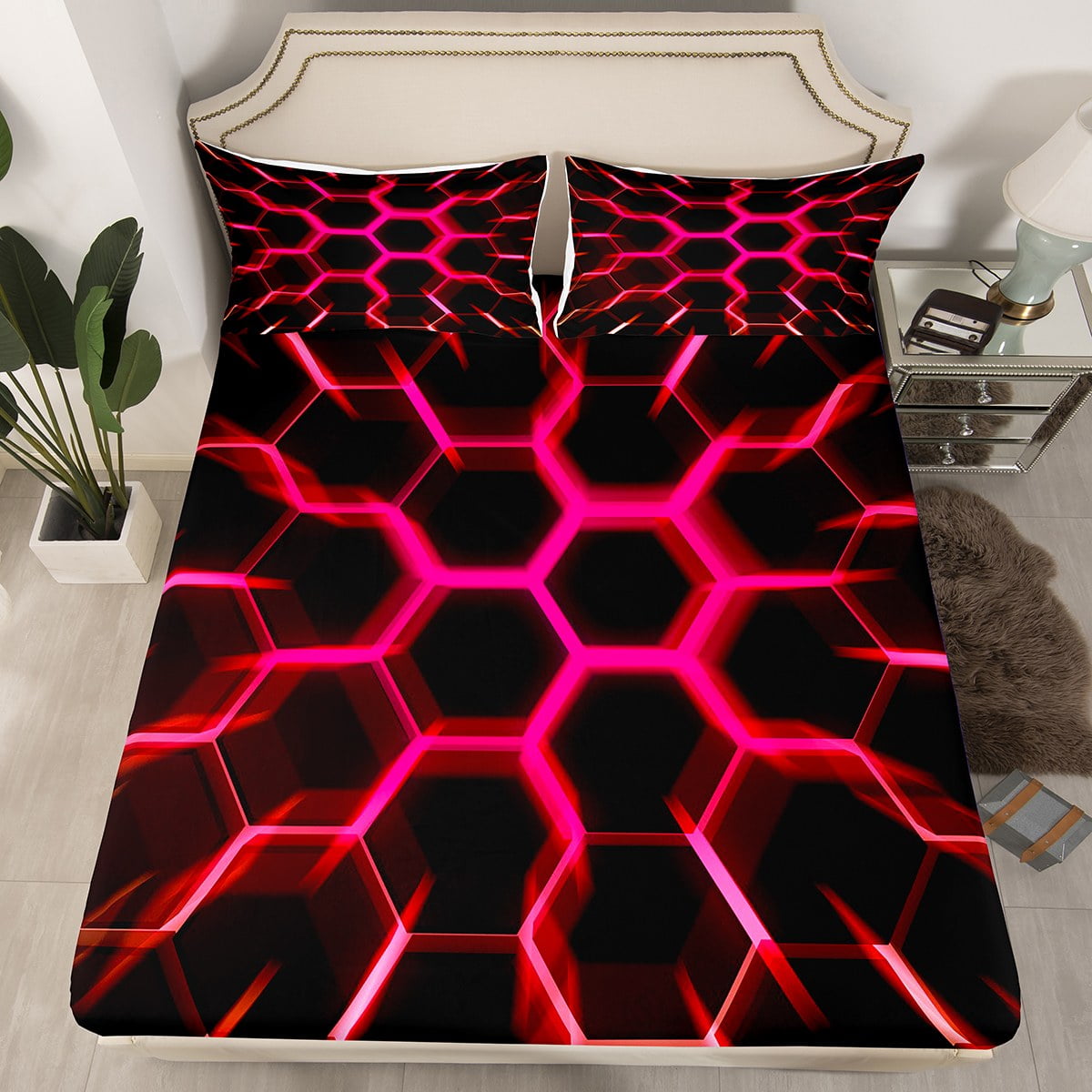 Bedding Set Black Pink Hexagon Geometrical Fitted Sheet Kids Teen,3D Geometric Beehive