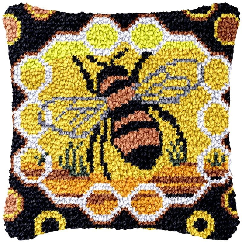 Honeycomb Bee Latch Hook Pillow Cover Kits for DIY Handmade Throw Pillow Cross Stitch Latch Hook Pillowcase Rug Kits with Preprinted Color Pattern Canvas Crochet Yarn Kits 17''X 17''(fv22)