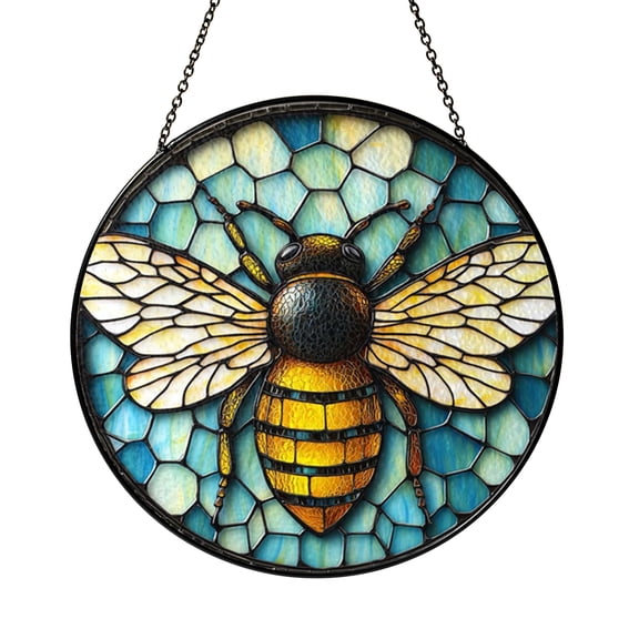 Honeycomb Bee Stained Glass Circular Window Hanging with Blue Gold Highlights, Bright Botanical Home Decor